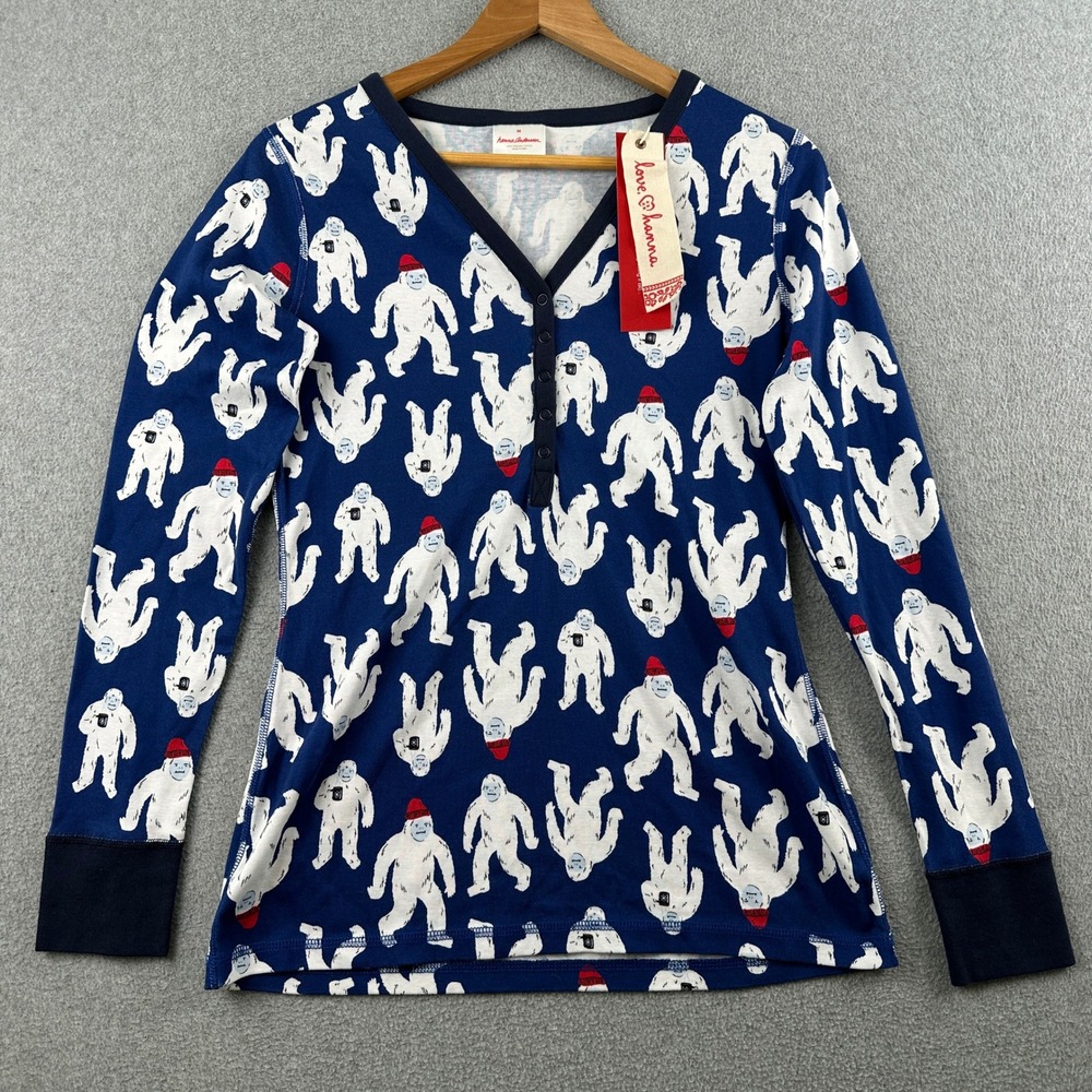 Hanna Andersson Pajama Top Womens M Blue Yeti Bigfoot Henley‎ Organic Cotton NWT